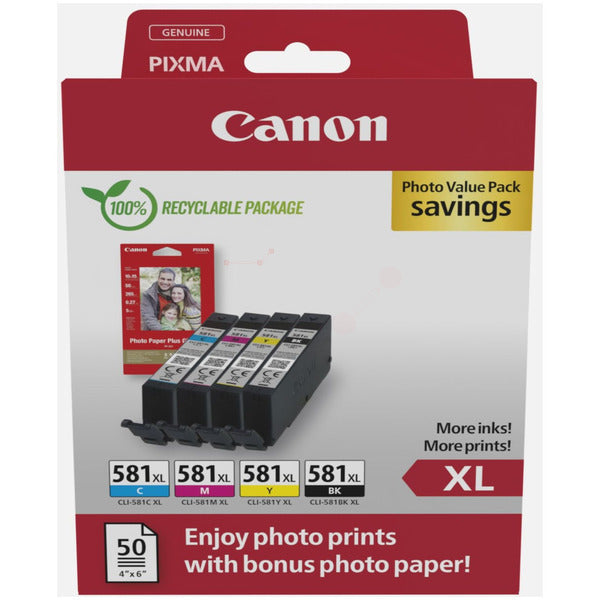 Original Canon 2052C006 / CLI-581 XL Tintenpatrone MultiPack Bk,C,M,Y High-Capacity + Fotopapier 50 Blatt, Inhalt VE=4