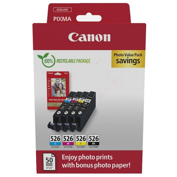 Original Canon 4540B019 / CLI-526 Tintenpatrone MultiPack Bk,C,M,Y + Fotopapier 10x15cm 50 Blatt Blister, 450 Seiten, Inhalt 9 ml, VE=4