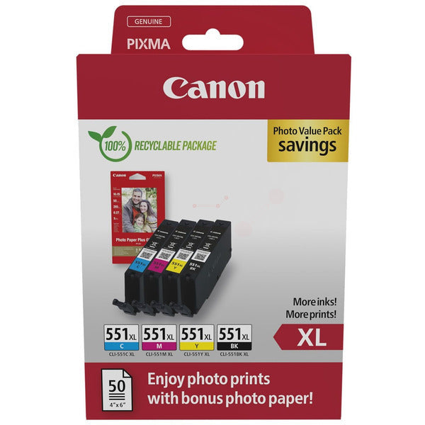 Original Canon 6443B008 / CLI-551 XL Tintenpatrone MultiPack High-Capacity CLI Bk,C,M,Y + Fotopapier PP-201 50 Blatt, Inhalt 5530pg + 3x695pg