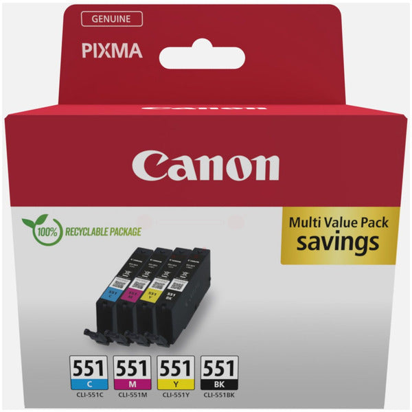 Original Canon 6509B015 / CLI-551 Tintenpatrone MultiPack Bk,C,M,Y Blister, Inhalt 4x7ml