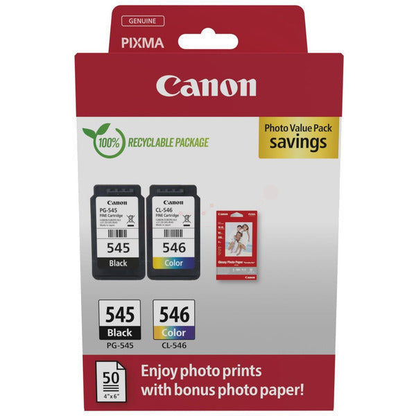 Original Canon 8287B008 / PG-545+CL-546 Druckkopfpatrone Multipack schwarz + color + Fotopapier 50 Blatt, 180 Seiten, Inhalt 8 ml, VE=2