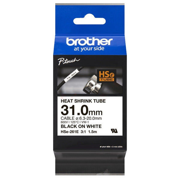 Original Brother HSE-261E Heissschrumpfschlauch schwarz auf weiss 31mm x 1,5m