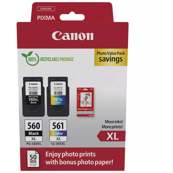 Original Canon 3712C008 / PG-560XL+CL-561XL Druckkopfpatrone Multipack schwarz + color +50 Blatt Fotopapier, Inhalt 14,3ml + 12,2ml