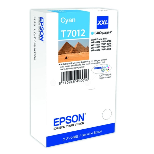 Original Epson C13T70124010 / T7012 Tintenpatrone cyan XXL, 3.400 Seiten, Inhalt 34,2 ml