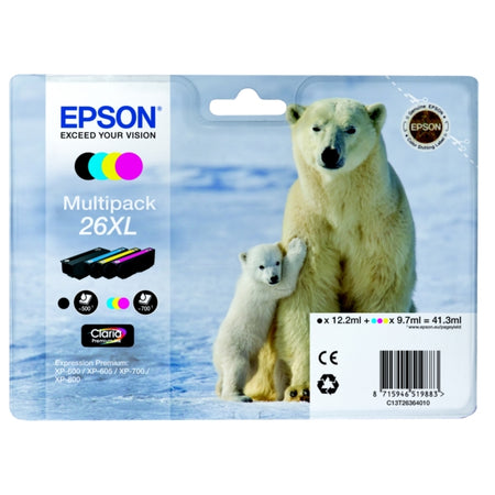Original Epson C13T26364010 / 26XL Tintenpatrone MultiPack Bk,C,M,Y High-Capacity XL, Inhalt 1x500,3x700, 12ml 3x10ml