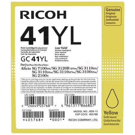 Original Ricoh 405768 / GC-41 YL Gelkartusche gelb, 600 Seiten, Inhalt 41 ml