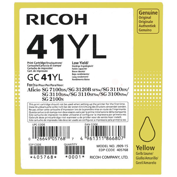 Original Ricoh 405768 / GC-41 YL Gelkartusche gelb, 600 Seiten, Inhalt 41 ml