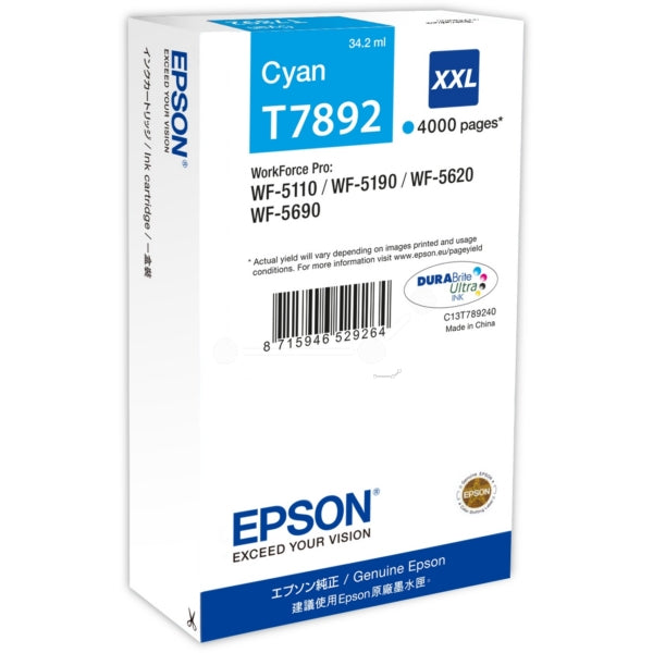 Original Epson C13T789240 / T7892 XXL Tintenpatrone cyan extra High-Capacity XXL, 4.000 Seiten, Inhalt 34,2 ml
