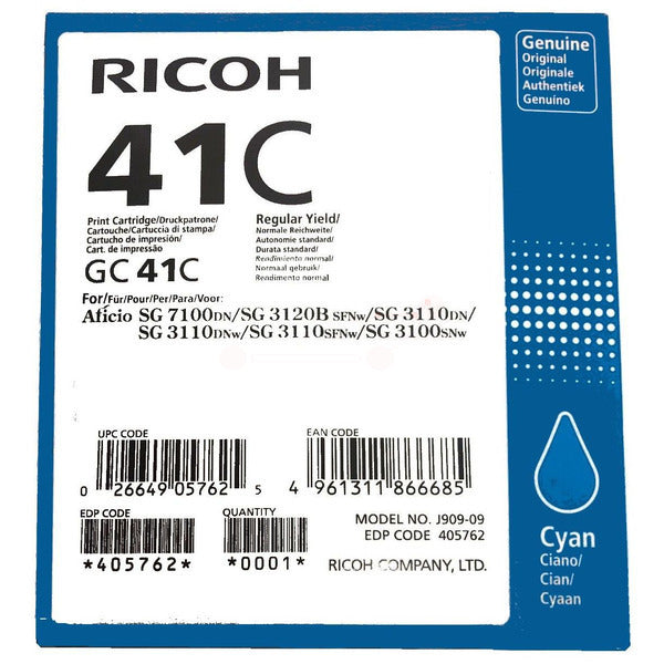 Original Ricoh 405762 / GC-41 C Gelkartusche cyan, 2.200 Seiten