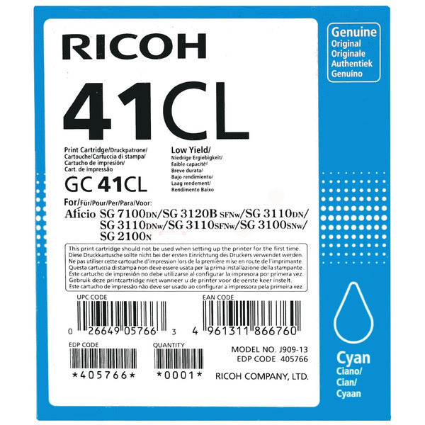 Original Ricoh 405766 / GC-41 CL Gelkartusche cyan, 600 Seiten