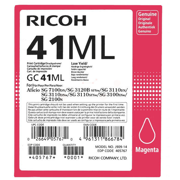 Original Ricoh 405767 / GC-41 ML Gelkartusche magenta, 600 Seiten, Inhalt 41 ml