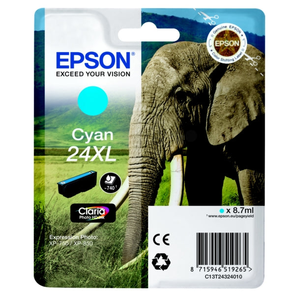 Original Epson C13T24324012 / 24XL Tintenpatrone cyan High-Capacity, 500 Seiten, Inhalt 8,7 ml