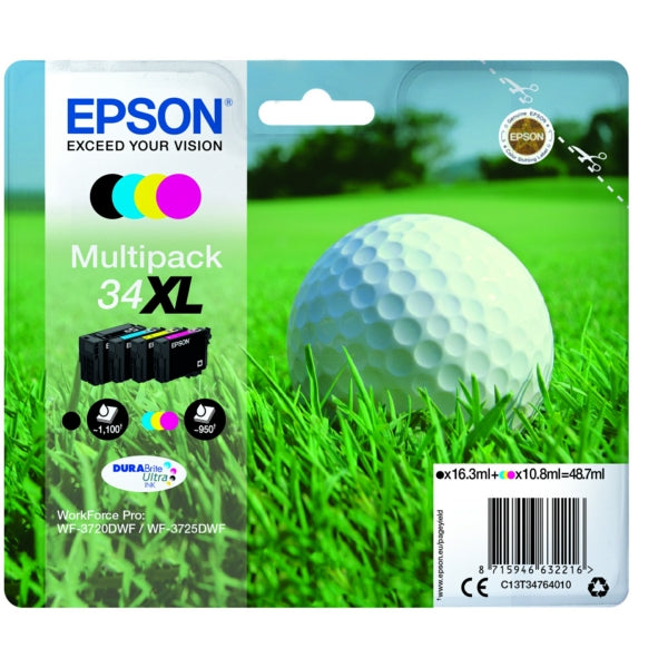 Original Epson C13T34764010 / 34XL Tintenpatrone MultiPack Bk,C,M,Y High-Capacity, Inhalt 16,3ml + 3x10,8ml