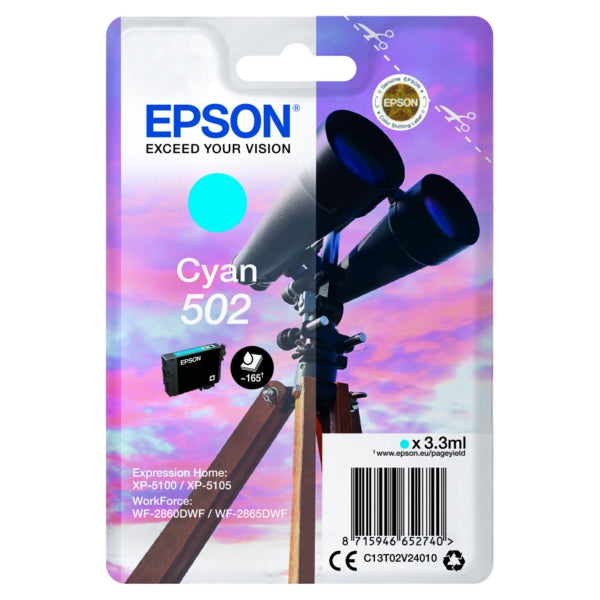 Original Epson C13T02V24010 / 502 Tintenpatrone cyan, 160 Seiten, Inhalt 3,3 ml
