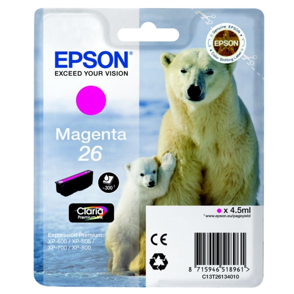 Original Epson C13T26134012 / 26 Tintenpatrone magenta, 300 Seiten, Inhalt 4,5 ml