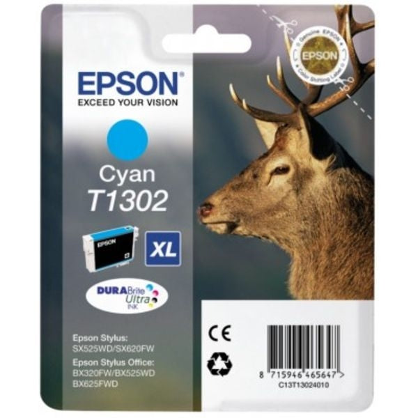 Original Epson C13T13024012 / T1302 Tintenpatrone cyan XL, 765 Seiten, Inhalt 10,1 ml