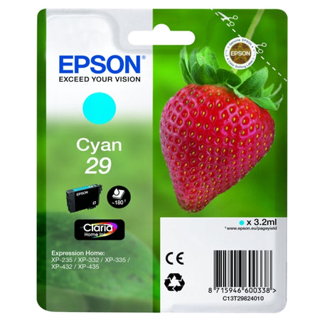 Original Epson C13T29824012 / 29 Tintenpatrone cyan, 180 Seiten, Inhalt 3,2 ml
