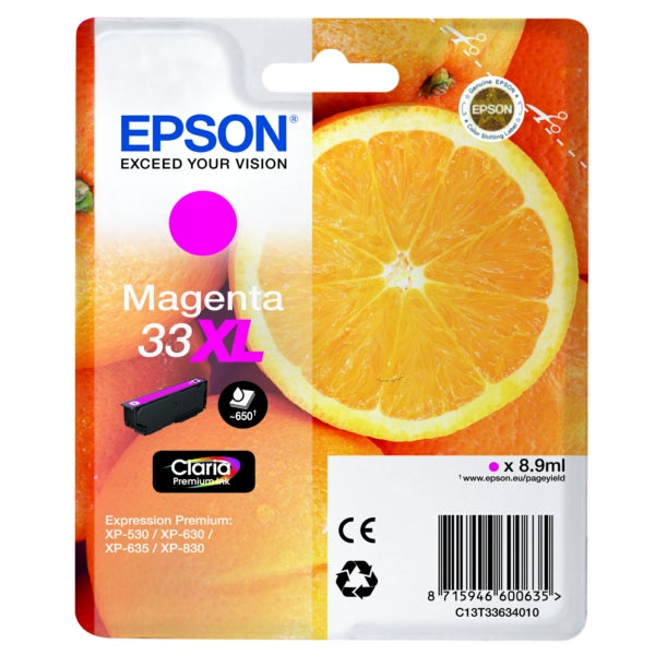 Original Epson C13T33634012 / 33XL Tintenpatrone magenta High-Capacity, 650 Seiten, Inhalt 8,9 ml