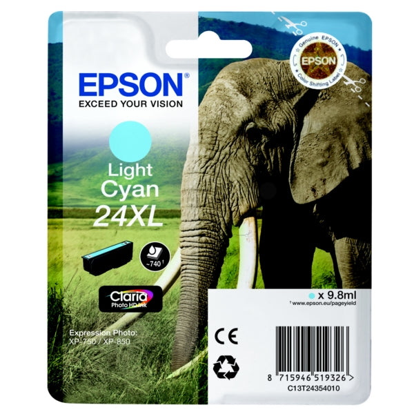 Original Epson C13T24354012 / 24XL Tintenpatrone cyan hell High-Capacity, 500 Seiten, Inhalt 9,8 ml