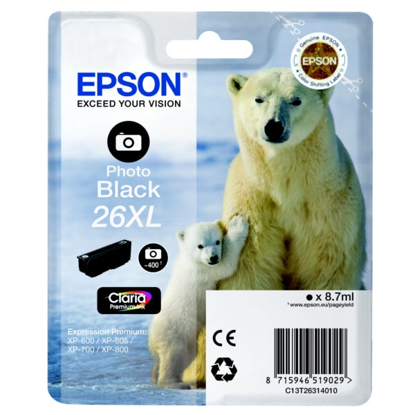 Original Epson C13T26314012 / 26XL Tintenpatrone schwarz foto High-Capacity XL, 400 Seiten, Inhalt 8,7 ml