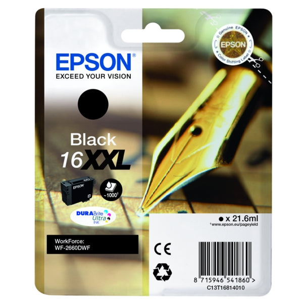 Original Epson C13T16814012 / 16XXL Tintenpatrone schwarz extra High-Capacity, 1.000 Seiten, Inhalt 21,6 ml