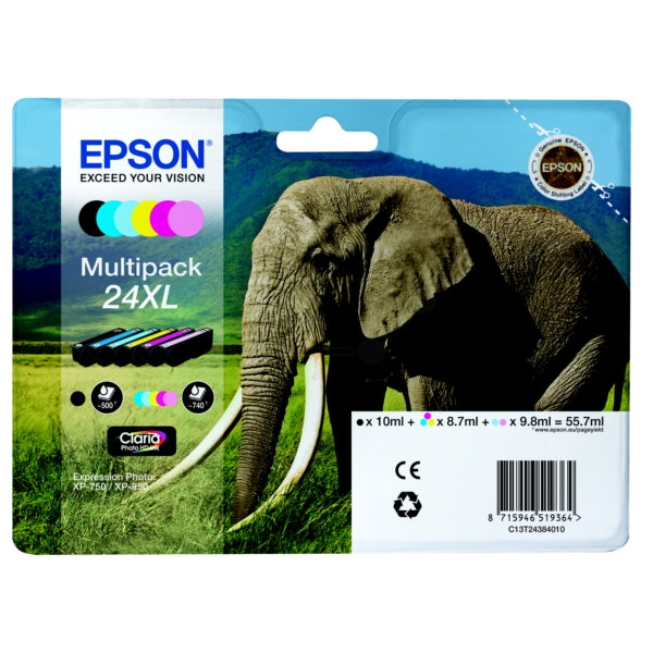Original Epson C13T24384011 / 24XL Tintenpatrone MultiPack Bk,C,M,Y,LC,LM High-Capacity, 740 Seiten, Inhalt 500pg + 5x740 pg, 1x10ml + 3x9ml + 2x10ml