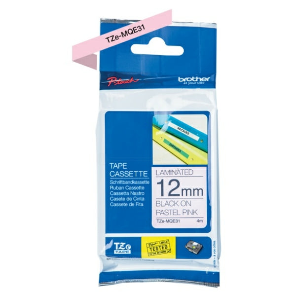 Original Brother TZE-MQE31 DirectLabel schwarz auf Pastell rosa Laminat 12mm x 4m