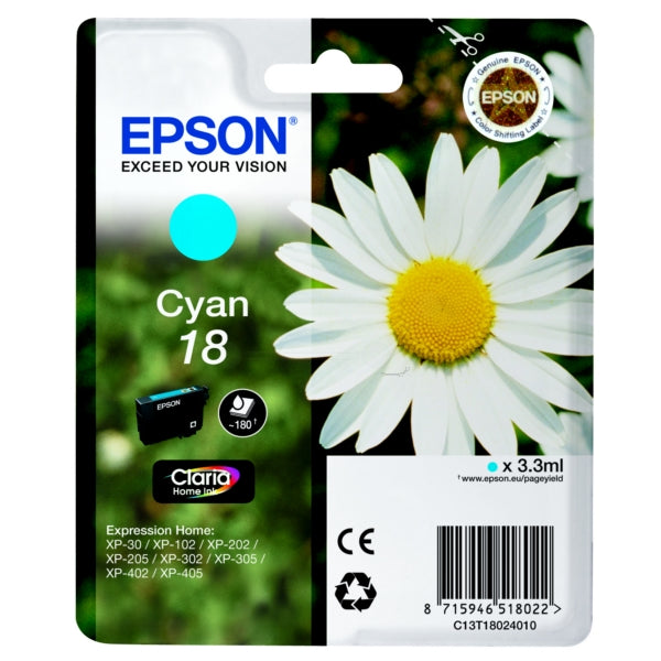 Original Epson C13T18024012 / 18 Tintenpatrone cyan, 180 Seiten, Inhalt 3 ml