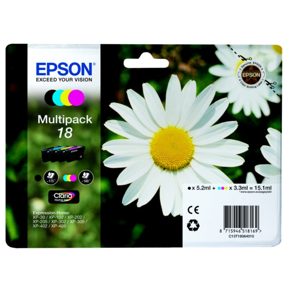 Original Epson C13T18064012 / 18 Tintenpatrone MultiPack Bk,C,M,Y, Inhalt 175pg + 3x180pg, 1x 5ml + 3x 3ml