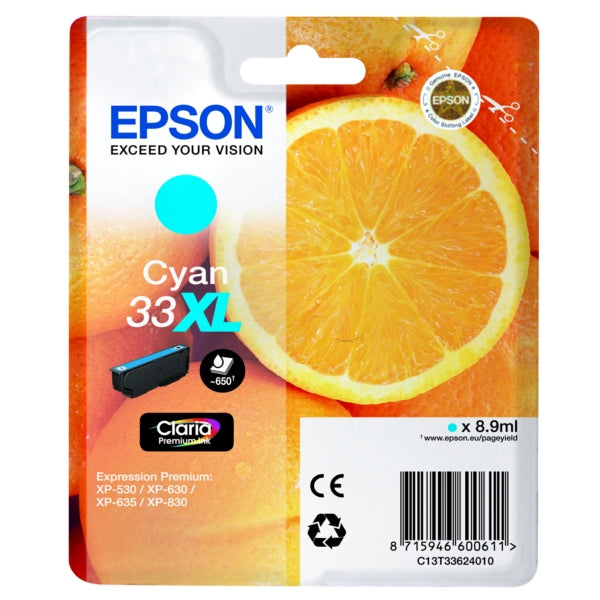 Original Epson C13T33624012 / 33XL Tintenpatrone cyan High-Capacity, 650 Seiten, Inhalt 8,9 ml