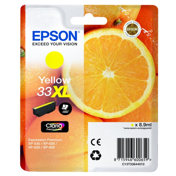 Original Epson C13T33644012 / 33XL Tintenpatrone gelb High-Capacity, 650 Seiten, Inhalt 8,9 ml