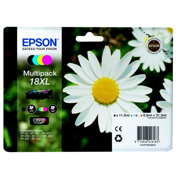 Original Epson C13T18164012 / 18XL Tintenpatrone MultiPack Bk,C,M,Y High-Capacity, Inhalt 470pg + 3x450pg, 1x 12ml + 3x 7ml