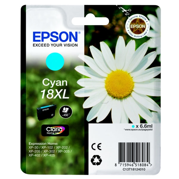 Original Epson C13T18124012 / 18XL Tintenpatrone cyan High-Capacity, 450 Seiten, Inhalt 6,6 ml