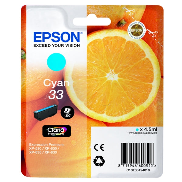 Original Epson C13T33424012 / 33 Tintenpatrone cyan, 300 Seiten, Inhalt 4,5 ml
