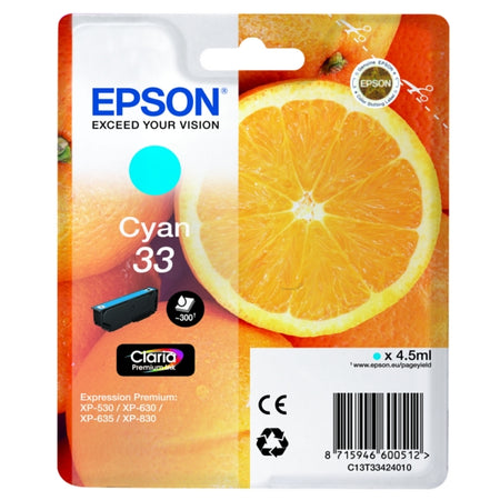Original Epson C13T33424012 / 33 Tintenpatrone cyan, 300 Seiten, Inhalt 4,5 ml