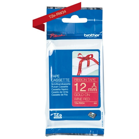 Original Brother TZE-RW34 DirectLabel gold auf rot nicht klebend textil 12mm x 4m
