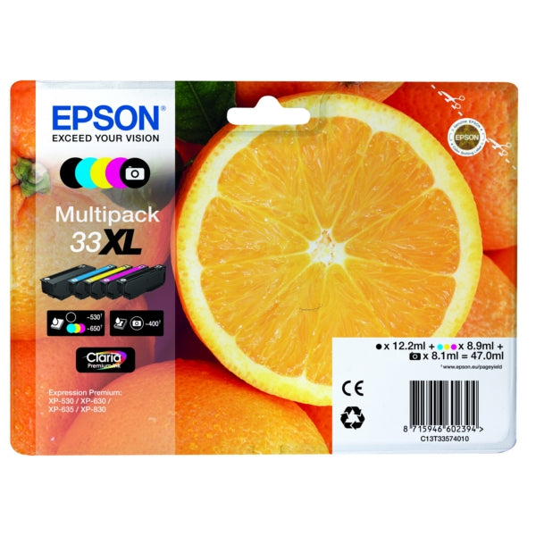 Original Epson C13T33574011 / 33XL Tintenpatrone MultiPack High-Capacity Bk,C,M,Y,PBK EasyMail, Inhalt 12,2ml+3x8,9ml+8,1ml
