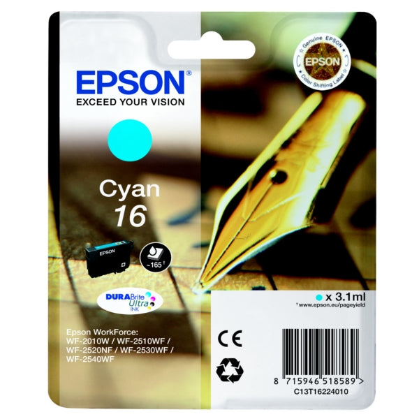 Original Epson C13T16224012 / 16 Tintenpatrone cyan, 165 Seiten, Inhalt 3,1 ml