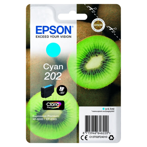 Original Epson C13T02F24010 / 202 Tintenpatrone cyan, 300 Seiten, Inhalt 4,1 ml