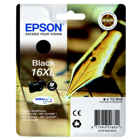 Original Epson C13T16314012 / 16XL Tintenpatrone schwarz High-Capacity XL, 500 Seiten, Inhalt 12,9 ml