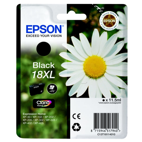Original Epson C13T18114012 / 18XL Tintenpatrone schwarz High-Capacity, 470 Seiten, Inhalt 11,5 ml