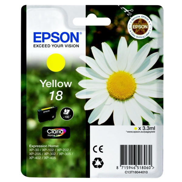 Original Epson C13T18044012 / 18 Tintenpatrone gelb, 180 Seiten, Inhalt 3 ml