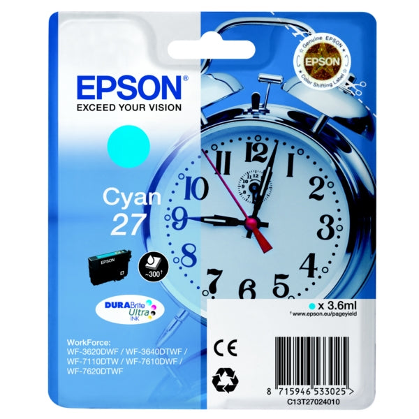Original Epson C13T27024012 / 27 Tintenpatrone cyan, 300 Seiten, Inhalt 3,6 ml