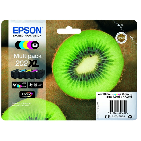 Original Epson C13T02G74010 / 202XL Tintenpatrone MultiPack High-Capacity Bk,PhBk,C,M,Y, Inhalt 13,8ml 7,9ml 3x8,5ml