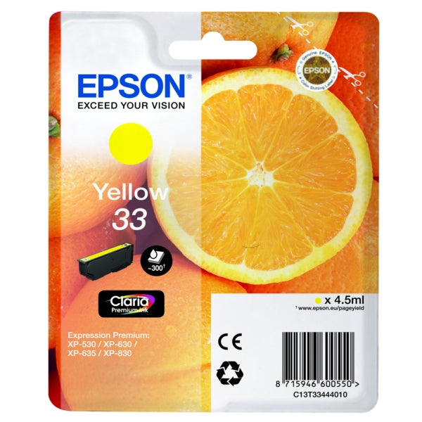 Original Epson C13T33444012 / 33 Tintenpatrone gelb, 300 Seiten, Inhalt 4,5 ml