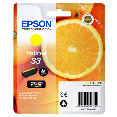 Original Epson C13T33444012 / 33 Tintenpatrone gelb, 300 Seiten, Inhalt 4,5 ml