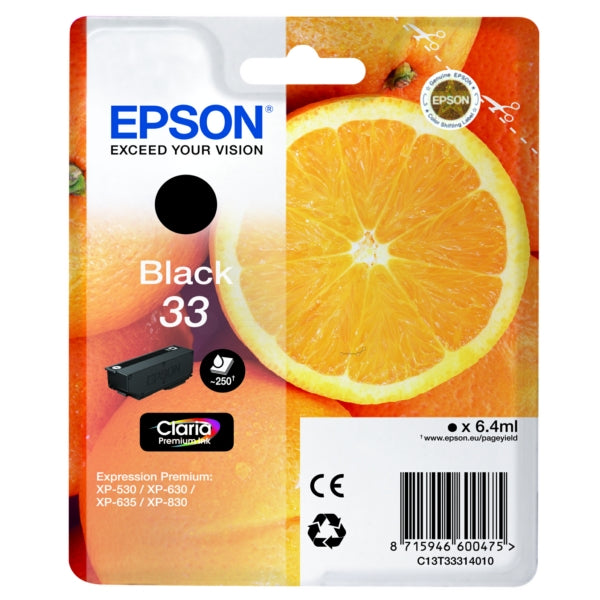 Original Epson C13T33314012 / 33 Tintenpatrone schwarz, 250 Seiten, Inhalt 6,4 ml