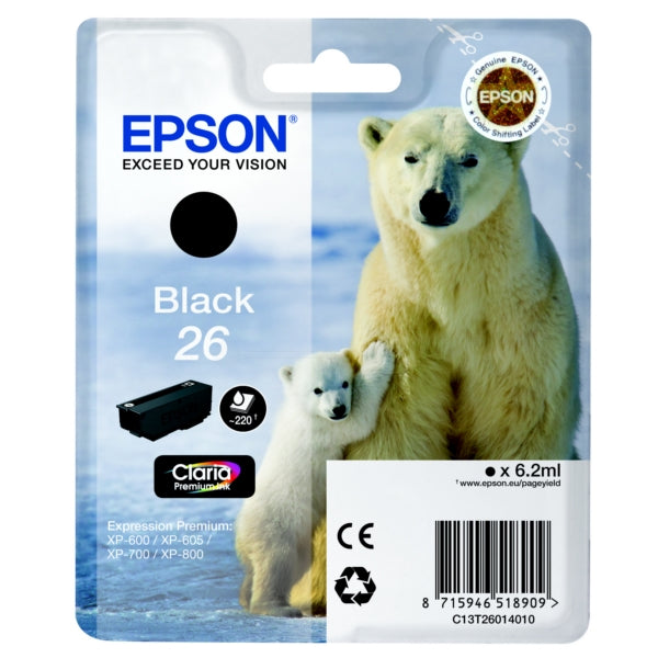 Original Epson C13T26014012 / 26 Tintenpatrone schwarz, 220 Seiten, Inhalt 6,2 ml
