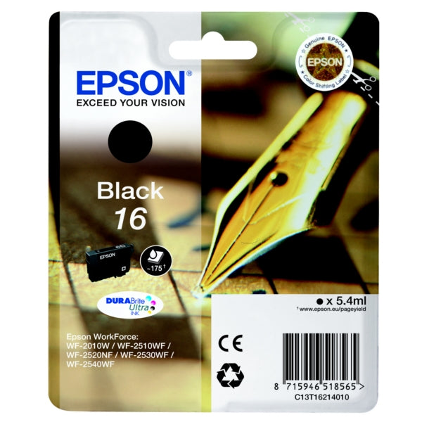 Original Epson C13T16214012 / 16 Tintenpatrone schwarz, 175 Seiten, Inhalt 5,4 ml