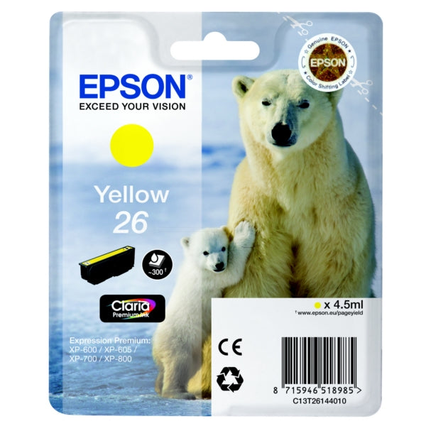 Original Epson C13T26144012 / 26 Tintenpatrone gelb, 300 Seiten, Inhalt 4,5 ml